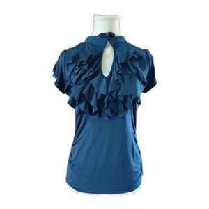 Charlotte Russe Navy Blue Ruffle Blouse Sz M  Ruched Sleeve Preppy Beach Boho